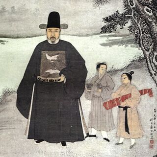 Painting of a bearded man dressed in dark robes (on the left), with two much smaller young men, one wearing his hair in a top-knot and carrying something rolled in red piece of cloth. The background is a winter scene.