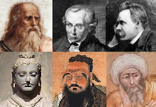 從左到右：柏拉圖、康德、尼采、釋迦牟尼、孔子、亞維侯