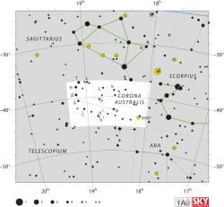 Diagram showing star positions and boundaries of the Corona Australis constellation and its surroundings