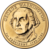 Gold coin with bust of Washington facing slightly left of but looking sternly straight at the viewer. "GEORGE WASHINGTON" is above, "1st PRESIDENT 1789–1797" below, and "JFM" in tiny letters at the bust's base.