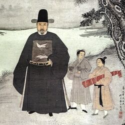 Painting of a bearded man dressed in dark robes（on the left）, with two much smaller young men, one wearing his hair in a top-knot and carrying something rolled in red piece of cloth. The background is a winter scene.