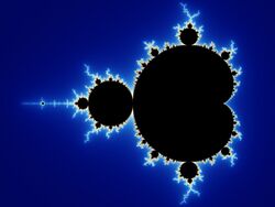 一个复数平面下，曼德博集合的黑色图案，背景为蓝色的