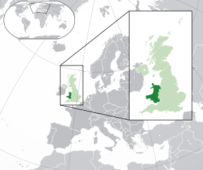 威尔士的位置（深绿色） – 欧洲（绿色及深灰色） – 英国（绿色）