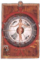 “宇宙之人”, an illumination from a 13th-century copy of 希尔德加德·冯·宾根's Liber Divinorum Operum ("Book of Divine Works", c. 1165).