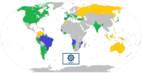 葡萄牙语国家共同体分布图，蓝色为会员国，绿色为观察员国，黄色为有兴趣的国家和地区