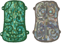 两件绿松石镶嵌青铜兽面牌饰（1981、84年河南偃师二里头出土）