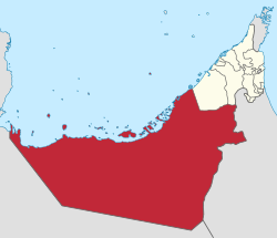 阿布达比酋长国在阿联酋的位置（阿布达比以深粉红色标示）