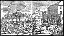 Two black and white drawings of events during the massacre. At left, Dutch troops kill ethnic Chinese residents while the residents' homes burn in the background. At right, the Dutch execute Chinese prisoners in a courtyard.