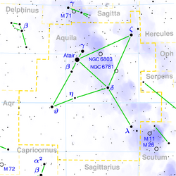 此图显示天鹰座的星星分布位置及它的范围边界