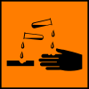 一个橘黄色的标签，指出这种液滴会腐蚀材料和人的手。