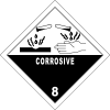 一个菱形的带有数字8和"corrosive"的标签，并指出这种液滴会腐蚀材料和人的手。