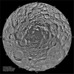 Twenty degrees of latitude of the Moon's disk, completely covered in the overlapping circles of craters. The illumination angles are from all directions, keeping almost all the crater floors in sunlight, but a set of merged crater floors right at the south pole are completely shadowed.