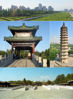 右上：双塔寺东塔；左上：龙潭湖公园；下：晋祠