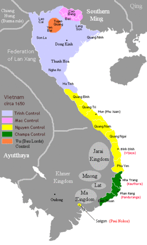 郑阮纷争期间的阮主控制区域（黄色）