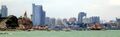 厦门市区（图中显著地标左起依次为建设银行大楼、郑成功塑像、国际银行大楼、和平码头、狐尾山气象台）