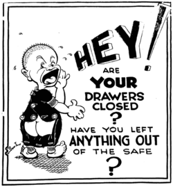 一張卡通畫，一個人回頭喊着話，他身上的扣子沒有系好導致褲子掉下一大截，漏出屁股。