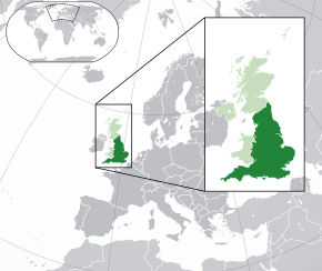 英格兰的位置（深绿色） – 欧洲（绿色及深灰色） – 英国（绿色）