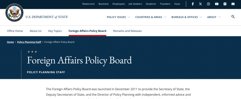 美國國務院官網上對「外交政策諮詢委員會」的介紹