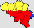 比利时的荷兰语（黄色）和法语（赤色）分布区，布鲁塞尔（橙色）是荷兰语区里的法语方言岛