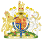 皇家徽章，中为盾徽和皇冠，侧为狮子和独角兽