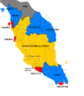 1922年的英属马来亚，黄色为马来联邦，红色为海峡殖民地，蓝色为马来属邦