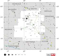 此圖顯示天鷹座的星星分佈位置及它的範圍邊界