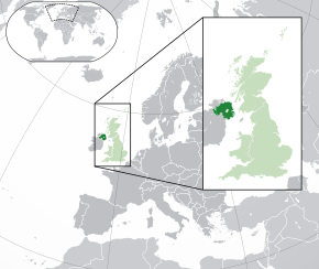 北爱尔兰的位置（深绿色） – 欧洲（绿色及深灰色） – 英国（绿色）