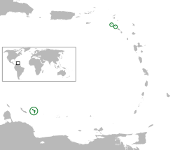荷兰加勒比区的位置（绿色圆圈位置）。从左至右依次为：博奈尔，萨巴，圣尤斯特歇斯。